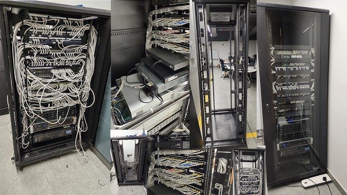 Image showing the deinstallation process of a data server, with technicians carefully removing hardware components from the rack for maintenance or decommissioning.